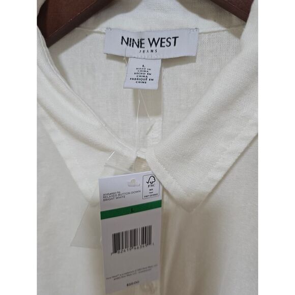 Nine West White Linen Blend Button Down Shirt NWT Women's Size L Relaxed Fit - Picture 5 of 8